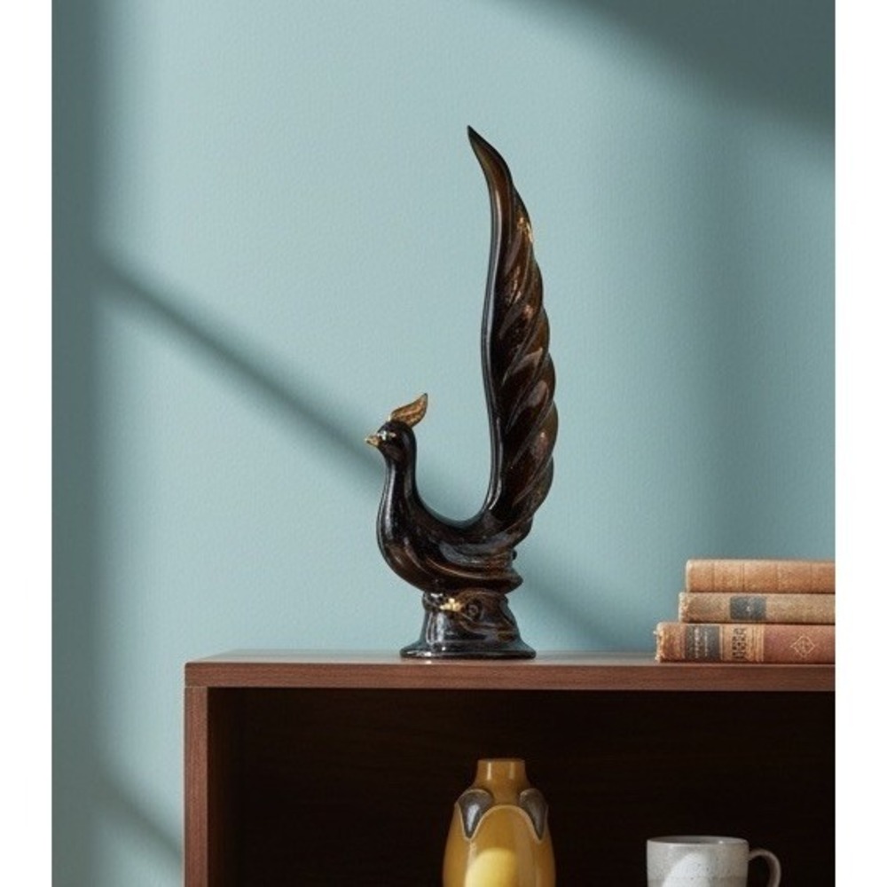 Vintage Japan Black Gold Ceramic Pheasant Peacock Bird Figurine MCM 13" Decor